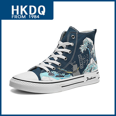 HKDQ jauni rudens augstas augšdaļas vīriešu audekla apavi Modes apdruka balti vīriešu vulkanizācijas apavi Neslīdoši vīriešu ikdienas skeitborda čības