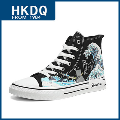 HKDQ jauni rudens augstas augšdaļas vīriešu audekla apavi Modes apdruka balti vīriešu vulkanizācijas apavi Neslīdoši vīriešu ikdienas skeitborda čības