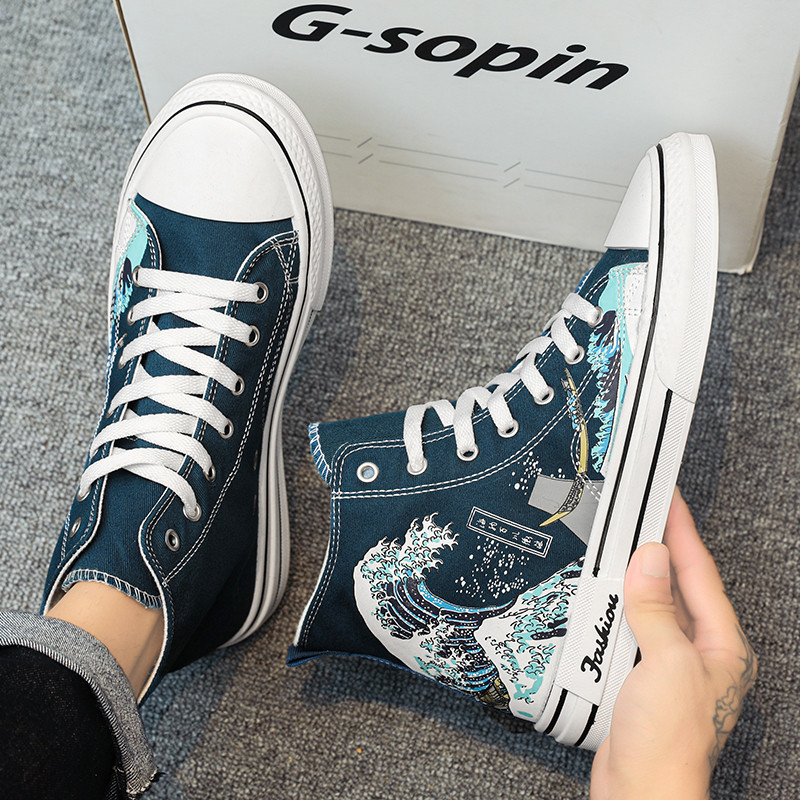 HKDQ jauni rudens augstas augšdaļas vīriešu audekla apavi Modes apdruka balti vīriešu vulkanizācijas apavi Neslīdoši vīriešu ikdienas skeitborda čības