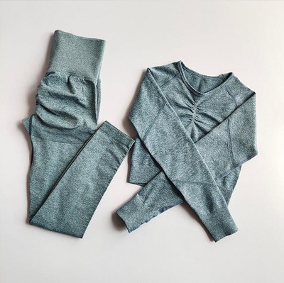 2tk Naiste õmblusteta joogakomplekt Spordiülikond Jõusaalirõivad Treeningriided Pikkade varrukatega Jõusaali Crop Top kõrge vöökohaga säärised Fitness-spordiriided