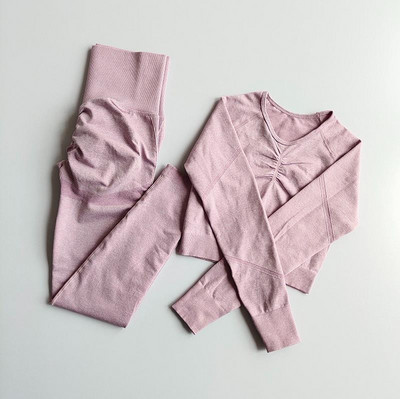 2tk Naiste õmblusteta joogakomplekt Spordiülikond Jõusaalirõivad Treeningriided Pikkade varrukatega Jõusaali Crop Top kõrge vöökohaga säärised Fitness-spordiriided