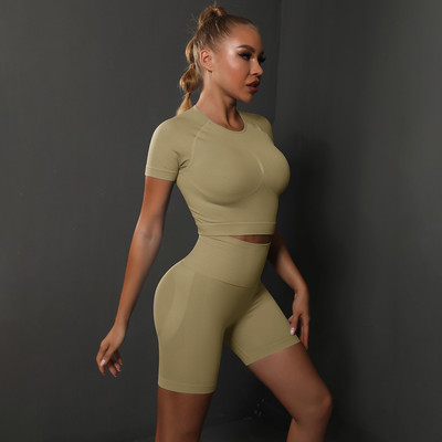 2TK õmblusteta naiste joogakomplekt, jõusaali spordirõivad, spordirõivad, ülaosa ja kõrge vöökohaga lühike ülikond Fitnessi treeningu tagumikku tõstev lühike liibuv ülikond