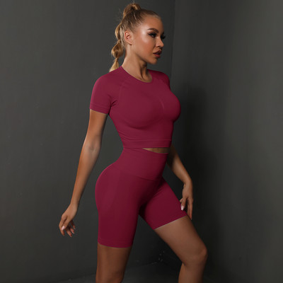 2TK õmblusteta naiste joogakomplekt, jõusaali spordirõivad, spordirõivad, ülaosa ja kõrge vöökohaga lühike ülikond Fitnessi treeningu tagumikku tõstev lühike liibuv ülikond