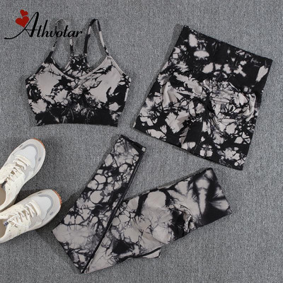 ATHVOTAR 1/2/3 Pcs Gym Set for Women Tie Dyeing Yoga Set Seamless Suits Peach Buttocks Gym Sets Womens Outfits Push Up Pants
