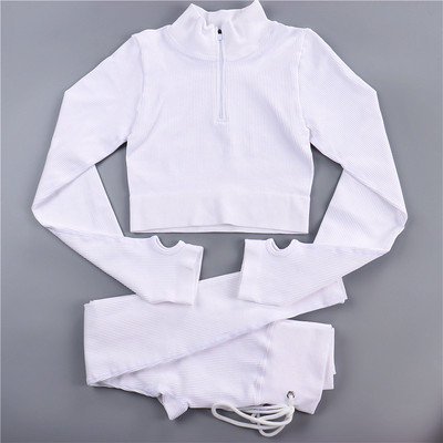 Sieviešu jogas komplekts bezšuvju 2 gab. Divdaļīgs Crop Tops ar garām piedurknēm legingi Treniņa apģērbs Valkājiet fitnesa Apģērbi Sporta kostīmi Trenažieru zāles komplekti