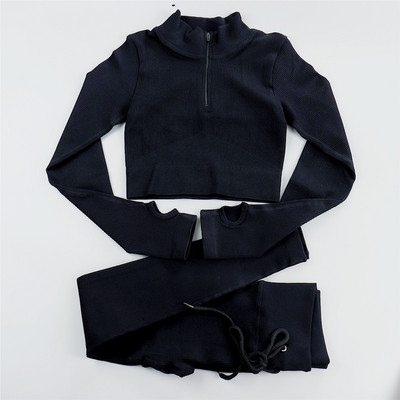 Sieviešu jogas komplekts bezšuvju 2 gab. Divdaļīgs Crop Tops ar garām piedurknēm legingi Treniņa apģērbs Valkājiet fitnesa Apģērbi Sporta kostīmi Trenažieru zāles komplekti