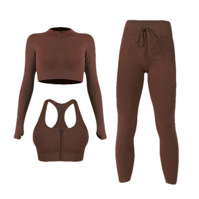 Sieviešu jogas komplekts bezšuvju 2 gab. Divdaļīgs Crop Tops ar garām piedurknēm legingi Treniņa apģērbs Valkājiet fitnesa Apģērbi Sporta kostīmi Trenažieru zāles komplekti