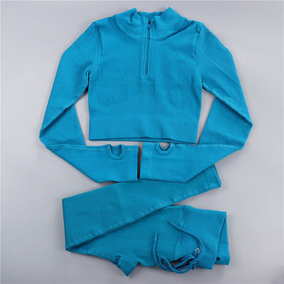 Sieviešu jogas komplekts bezšuvju 2 gab. Divdaļīgs Crop Tops ar garām piedurknēm legingi Treniņa apģērbs Valkājiet fitnesa Apģērbi Sporta kostīmi Trenažieru zāles komplekti