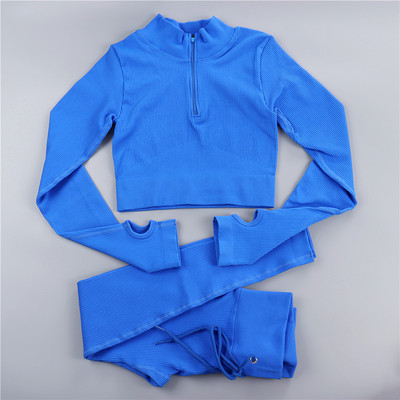 Sieviešu jogas komplekts bezšuvju 2 gab. Divdaļīgs Crop Tops ar garām piedurknēm legingi Treniņa apģērbs Valkājiet fitnesa Apģērbi Sporta kostīmi Trenažieru zāles komplekti