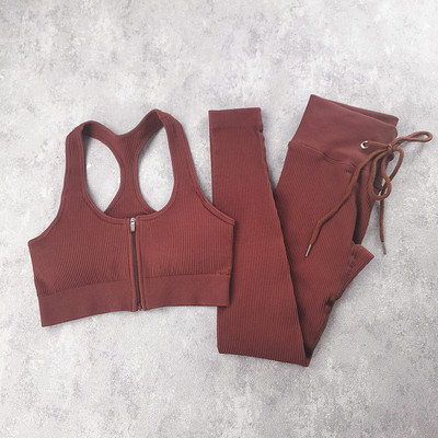 Sieviešu jogas komplekts bezšuvju 2 gab. Divdaļīgs Crop Tops ar garām piedurknēm legingi Treniņa apģērbs Valkājiet fitnesa Apģērbi Sporta kostīmi Trenažieru zāles komplekti