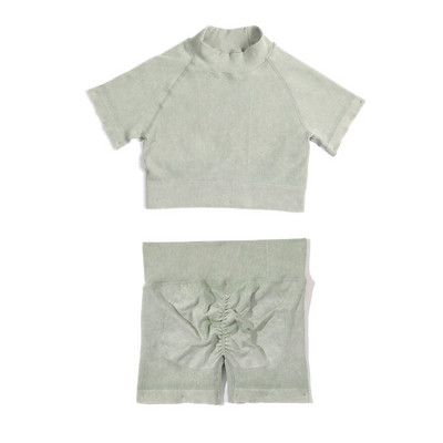 Set de yoga fără sudură, spălat cu nervuri, crop top, cămașă pentru femei, jambiere, ținută din două piese, îmbrăcăminte de antrenament, costum de gimnastică, seturi sport, haine