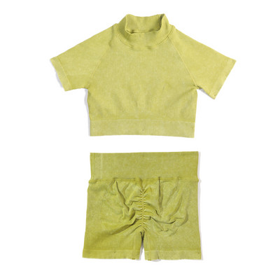 Set de yoga fără sudură, spălat cu nervuri, crop top, cămașă pentru femei, jambiere, ținută din două piese, îmbrăcăminte de antrenament, costum de gimnastică, seturi sport, haine