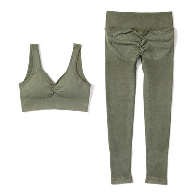 Set de yoga fără sudură, spălat cu nervuri, crop top, cămașă pentru femei, jambiere, ținută din două piese, îmbrăcăminte de antrenament, costum de gimnastică, seturi sport, haine