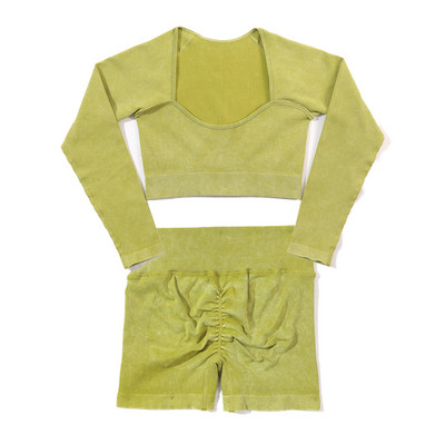 Set de yoga fără sudură, spălat cu nervuri, crop top, cămașă pentru femei, jambiere, ținută din două piese, îmbrăcăminte de antrenament, costum de gimnastică, seturi sport, haine