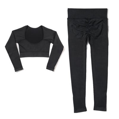 Set de yoga fără sudură, spălat cu nervuri, crop top, cămașă pentru femei, jambiere, ținută din două piese, îmbrăcăminte de antrenament, costum de gimnastică, seturi sport, haine