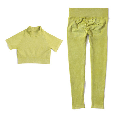 Set de yoga fără sudură, spălat cu nervuri, crop top, cămașă pentru femei, jambiere, ținută din două piese, îmbrăcăminte de antrenament, costum de gimnastică, seturi sport, haine