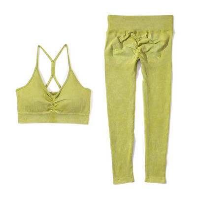 Set de yoga fără sudură, spălat cu nervuri, crop top, cămașă pentru femei, jambiere, ținută din două piese, îmbrăcăminte de antrenament, costum de gimnastică, seturi sport, haine