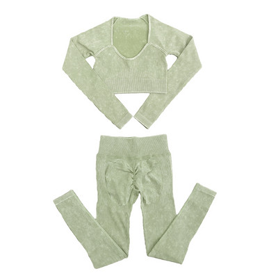 Set de yoga fără sudură, spălat cu nervuri, crop top, cămașă pentru femei, jambiere, ținută din două piese, îmbrăcăminte de antrenament, costum de gimnastică, seturi sport, haine