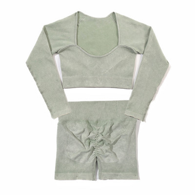 Set de yoga fără sudură, spălat cu nervuri, crop top, cămașă pentru femei, jambiere, ținută din două piese, îmbrăcăminte de antrenament, costum de gimnastică, seturi sport, haine