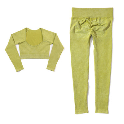 Set de yoga fără sudură, spălat cu nervuri, crop top, cămașă pentru femei, jambiere, ținută din două piese, îmbrăcăminte de antrenament, costum de gimnastică, seturi sport, haine