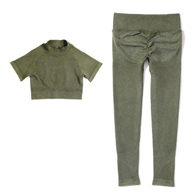 Set de yoga fără sudură, spălat cu nervuri, crop top, cămașă pentru femei, jambiere, ținută din două piese, îmbrăcăminte de antrenament, costum de gimnastică, seturi sport, haine