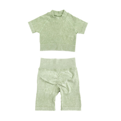 Set de yoga fără sudură, spălat cu nervuri, crop top, cămașă pentru femei, jambiere, ținută din două piese, îmbrăcăminte de antrenament, costum de gimnastică, seturi sport, haine