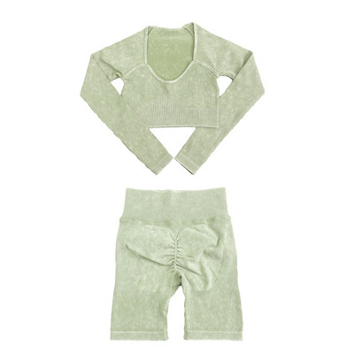 Set de yoga fără sudură, spălat cu nervuri, crop top, cămașă pentru femei, jambiere, ținută din două piese, îmbrăcăminte de antrenament, costum de gimnastică, seturi sport, haine