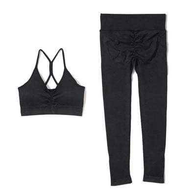 Set de yoga fără sudură, spălat cu nervuri, crop top, cămașă pentru femei, jambiere, ținută din două piese, îmbrăcăminte de antrenament, costum de gimnastică, seturi sport, haine