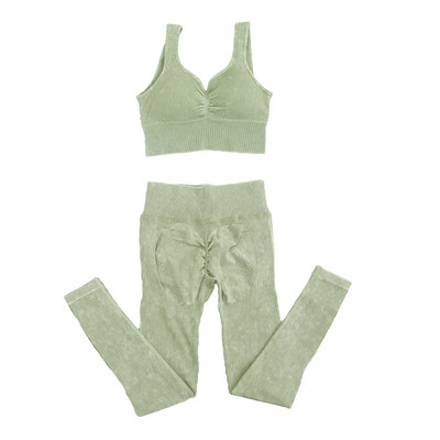 Set de yoga fără sudură, spălat cu nervuri, crop top, cămașă pentru femei, jambiere, ținută din două piese, îmbrăcăminte de antrenament, costum de gimnastică, seturi sport, haine