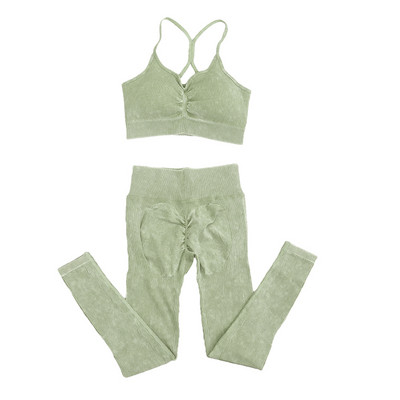 Set de yoga fără sudură, spălat cu nervuri, crop top, cămașă pentru femei, jambiere, ținută din două piese, îmbrăcăminte de antrenament, costum de gimnastică, seturi sport, haine