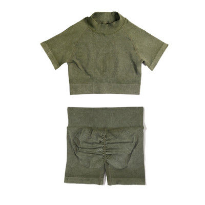 Set de yoga fără sudură, spălat cu nervuri, crop top, cămașă pentru femei, jambiere, ținută din două piese, îmbrăcăminte de antrenament, costum de gimnastică, seturi sport, haine