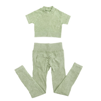 Set de yoga fără sudură, spălat cu nervuri, crop top, cămașă pentru femei, jambiere, ținută din două piese, îmbrăcăminte de antrenament, costum de gimnastică, seturi sport, haine