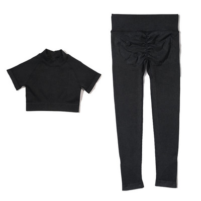 Set de yoga fără sudură, spălat cu nervuri, crop top, cămașă pentru femei, jambiere, ținută din două piese, îmbrăcăminte de antrenament, costum de gimnastică, seturi sport, haine