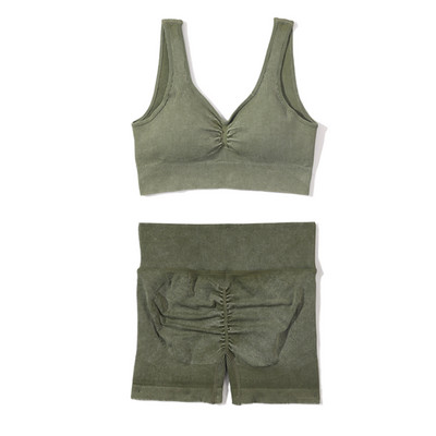 Set de yoga fără sudură, spălat cu nervuri, crop top, cămașă pentru femei, jambiere, ținută din două piese, îmbrăcăminte de antrenament, costum de gimnastică, seturi sport, haine