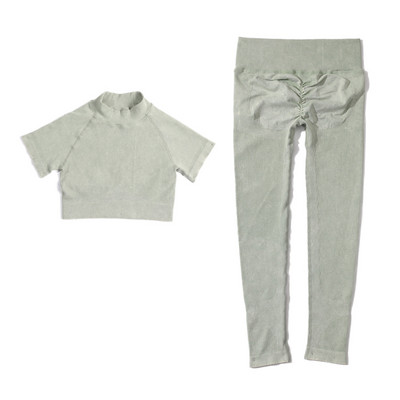 Set de yoga fără sudură, spălat cu nervuri, crop top, cămașă pentru femei, jambiere, ținută din două piese, îmbrăcăminte de antrenament, costum de gimnastică, seturi sport, haine