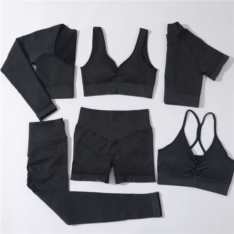 Set de yoga fără sudură, spălat cu nervuri, crop top, cămașă pentru femei, jambiere, ținută din două piese, îmbrăcăminte de antrenament, costum de gimnastică, seturi sport, haine