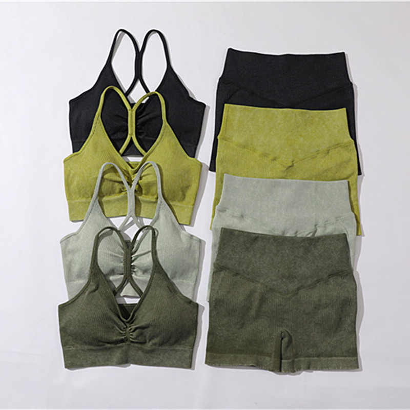 Set de yoga fără sudură, spălat cu nervuri, crop top, cămașă pentru femei, jambiere, ținută din două piese, îmbrăcăminte de antrenament, costum de gimnastică, seturi sport, haine