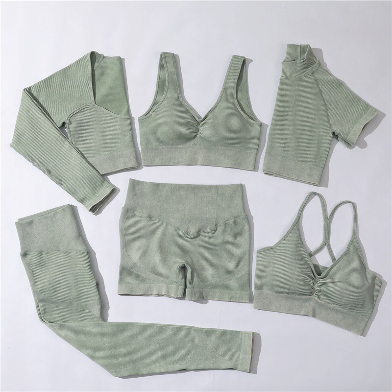 Set de yoga fără sudură, spălat cu nervuri, crop top, cămașă pentru femei, jambiere, ținută din două piese, îmbrăcăminte de antrenament, costum de gimnastică, seturi sport, haine