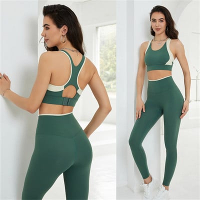 2GB Sporta krūštura augšdaļa ar augstu vidukli, gurnu paceļošs skriešanas legingu komplekts Fitness Color Blocking Jogas apģērbu komplekts