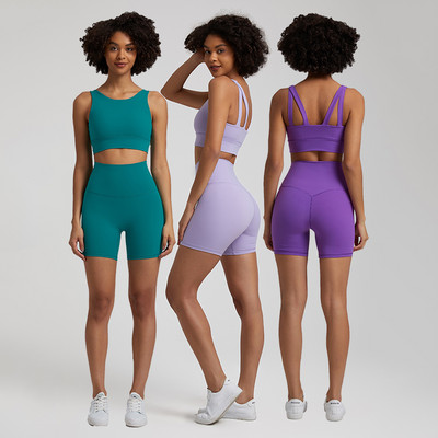 Divdaļīgs jogas komplekts Sieviešu elastīgs neilona īss treniņu komplekts Crop Tank Bra+Biker Shorts Sporta kostīmi Fitnesa Skriešanas Apģērbs Sporta apģērbs
