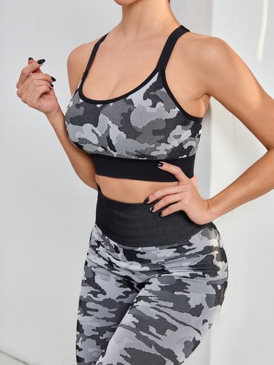 2PCS Yoga Camouflage Camo Sport Set Ženska odjeća za fitness u teretani Tajice s visokim strukom + grudnjak za vježbanje