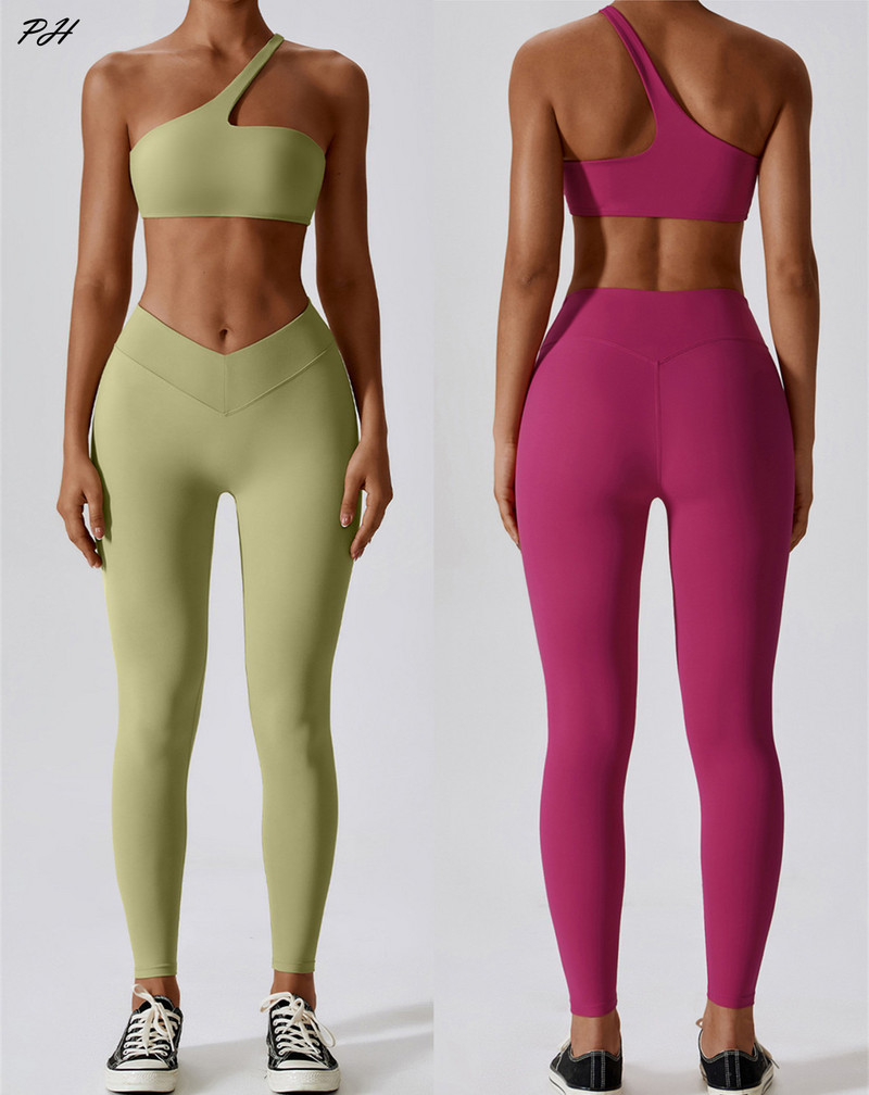 Női jógakészlet edzőruhák 2 db Meztelen Szexi Egy vállú Sport Melltartó Leggings Jóga Felszerelések Fitnesz Futó Szabadidő Sportruházat 8110