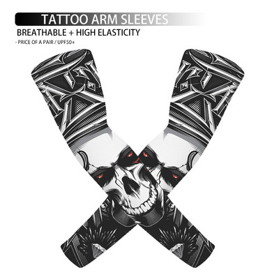 1 pāris 3D galvaskausa tetovējums, apdrukāts āra riteņbraukšanas piedurknes, elpojošas, ātri nožūst UV aizsardzība, skriešanas rokas piedurknes sporta roku sildītāji