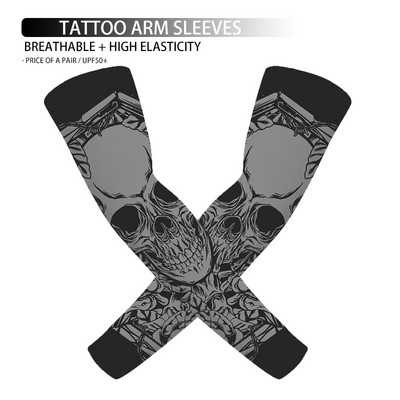 1 pāris 3D galvaskausa tetovējums, apdrukāts āra riteņbraukšanas piedurknes, elpojošas, ātri nožūst UV aizsardzība, skriešanas rokas piedurknes sporta roku sildītāji