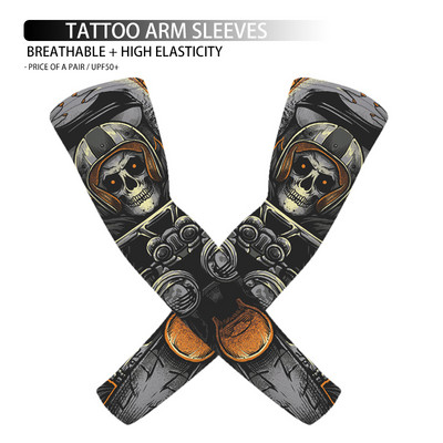 1 pāris 3D galvaskausa tetovējums, apdrukāts āra riteņbraukšanas piedurknes, elpojošas, ātri nožūst UV aizsardzība, skriešanas rokas piedurknes sporta roku sildītāji