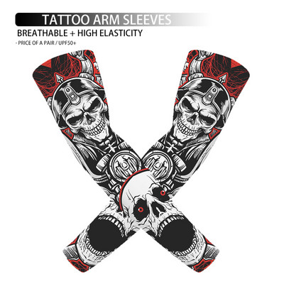 1 pāris 3D galvaskausa tetovējums, apdrukāts āra riteņbraukšanas piedurknes, elpojošas, ātri nožūst UV aizsardzība, skriešanas rokas piedurknes sporta roku sildītāji