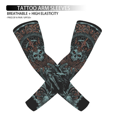 1 pāris 3D galvaskausa tetovējums, apdrukāts āra riteņbraukšanas piedurknes, elpojošas, ātri nožūst UV aizsardzība, skriešanas rokas piedurknes sporta roku sildītāji
