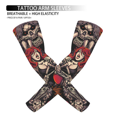 1 pāris 3D galvaskausa tetovējums, apdrukāts āra riteņbraukšanas piedurknes, elpojošas, ātri nožūst UV aizsardzība, skriešanas rokas piedurknes sporta roku sildītāji