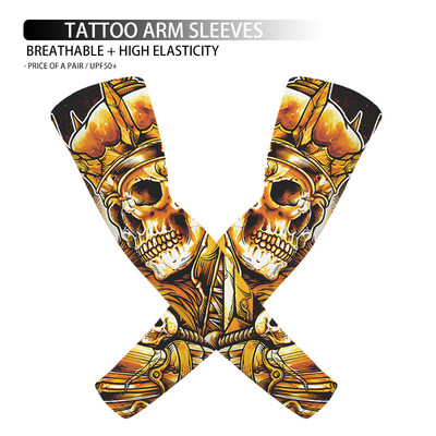 1 pāris 3D galvaskausa tetovējums, apdrukāts āra riteņbraukšanas piedurknes, elpojošas, ātri nožūst UV aizsardzība, skriešanas rokas piedurknes sporta roku sildītāji