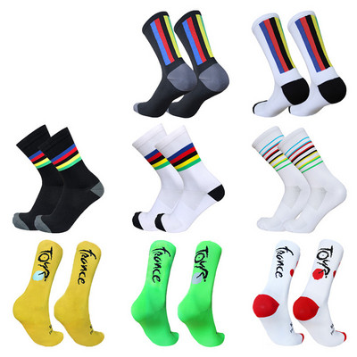 Колоездене Нови чорапи Мъже Жени Champion Colorful Stripes Спортни дишащи компресионни велосипедни чорапи Calcetines Ciclismo